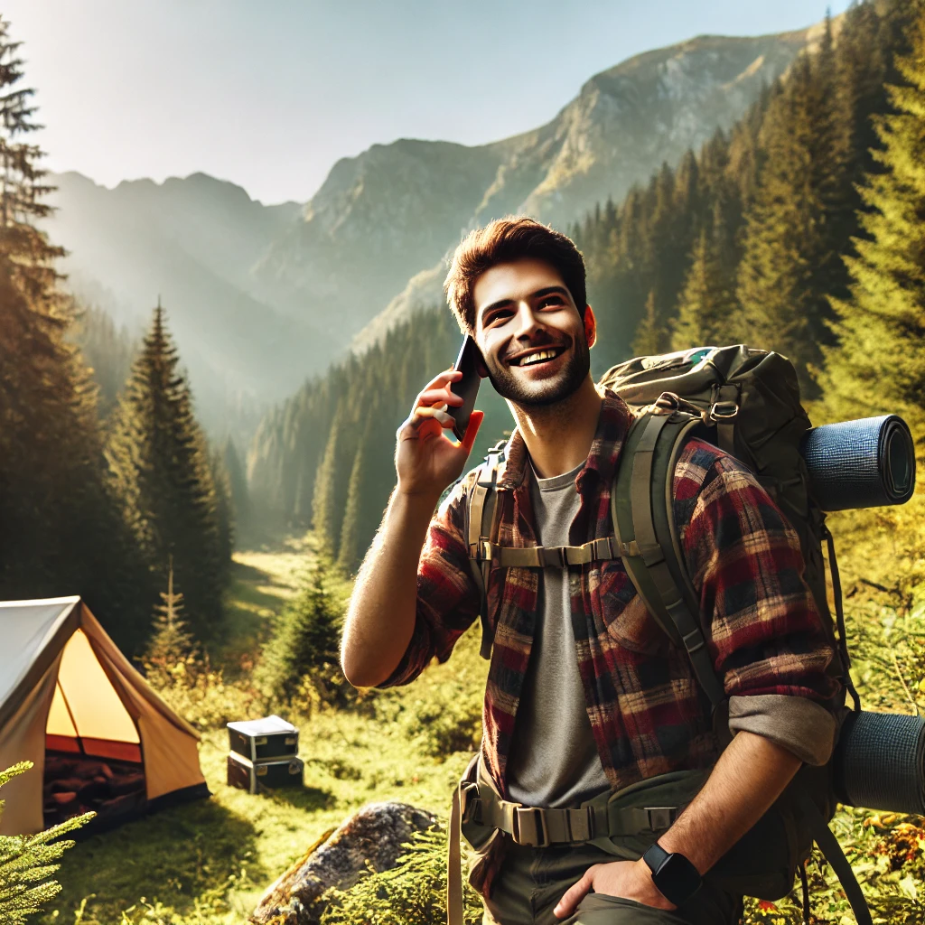 A fully-equipped person in nature, dressed in outdoor gear, smiling while making a phone call, showcasing satisfaction and confidence in a wilderness setting.